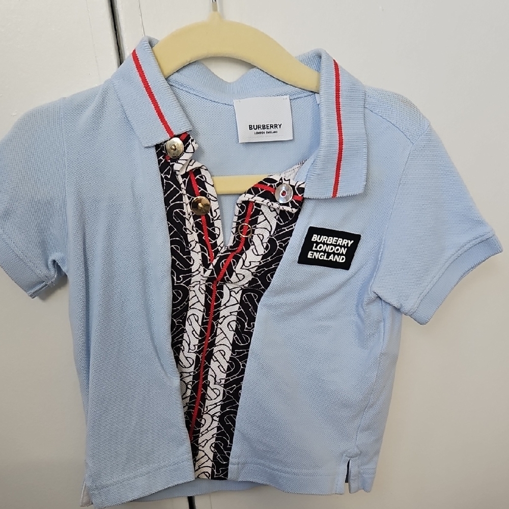 Burberry Kids Sky Blue Polo with Patterned Trim